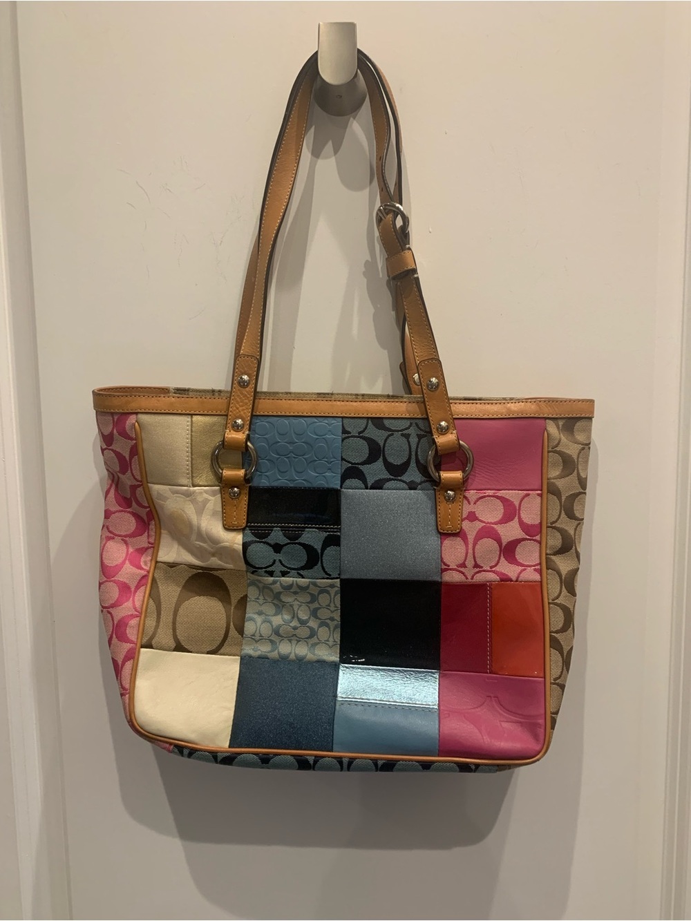 Vintage Patchwork Multicolor Tote Bag with Leather Straps